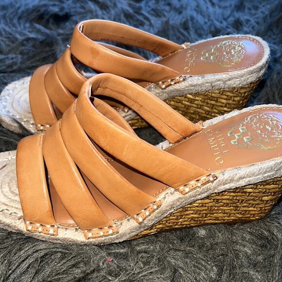 Women's new Vince Camuto leather, peep toe rattan, wedge heels, sandals, sz 6.5 - Picture 2 of 16